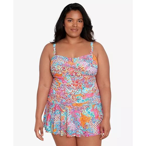 Lauren Ralph Lauren Plus Size Twisted Shirred Skirted Paisley Swimsuit 22W NWT - Picture 1 of 8